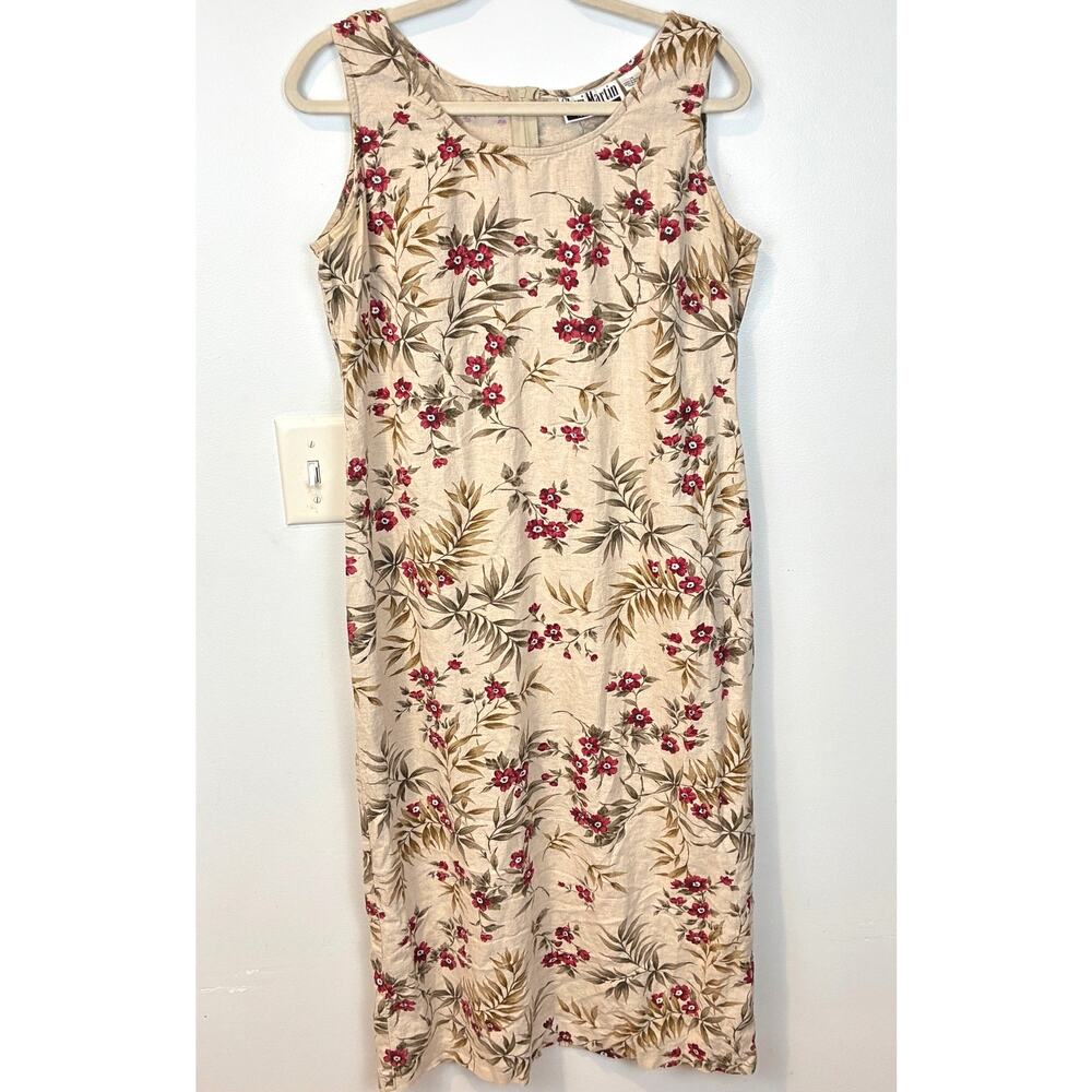 VTG Sheri Martin Floral Sleeveless Linen Blend Dress Size 14 Tropical Modest